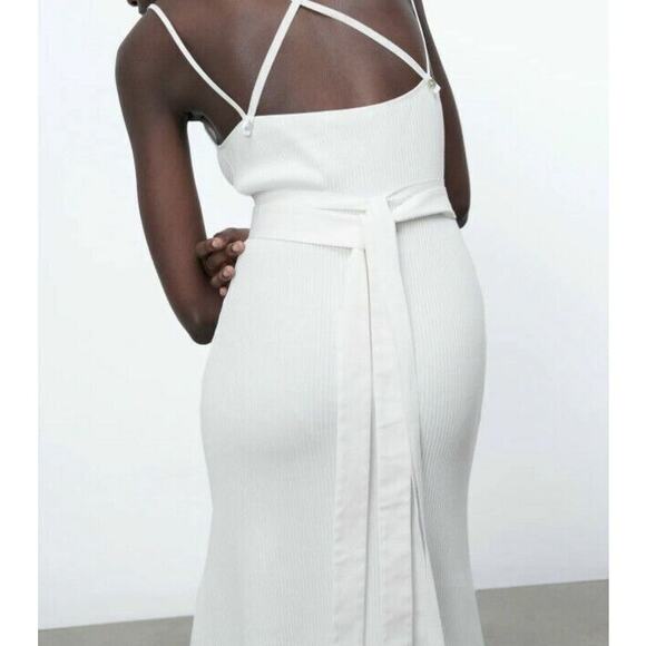 NWT Zara Ribbed Midi Dress Large White Strappy Side Slit Belted Causal Neutral - Picture 3 of 13